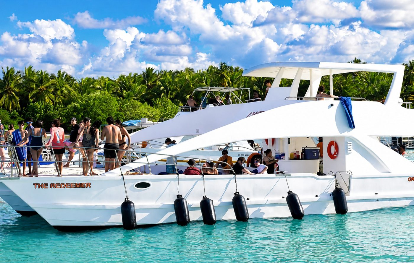 The Redeemer catamaran docked near palm trees